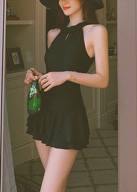 Unique Black Halter Backless Teddy Bodysuit