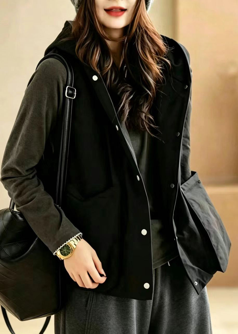 Unique Black Hooded Big Pockets Vest Sleeveless