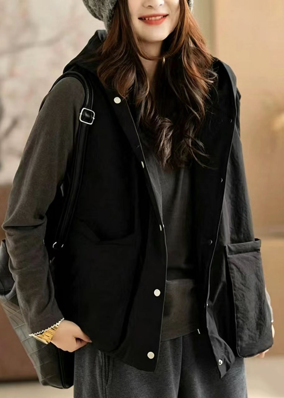 Unique Black Hooded Big Pockets Vest Sleeveless