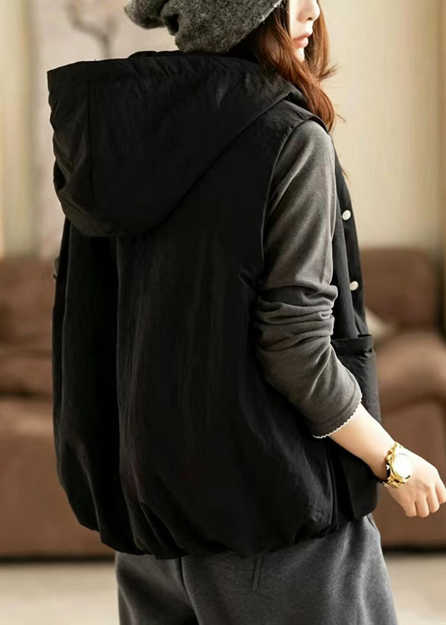 Unique Black Hooded Big Pockets Vest Sleeveless