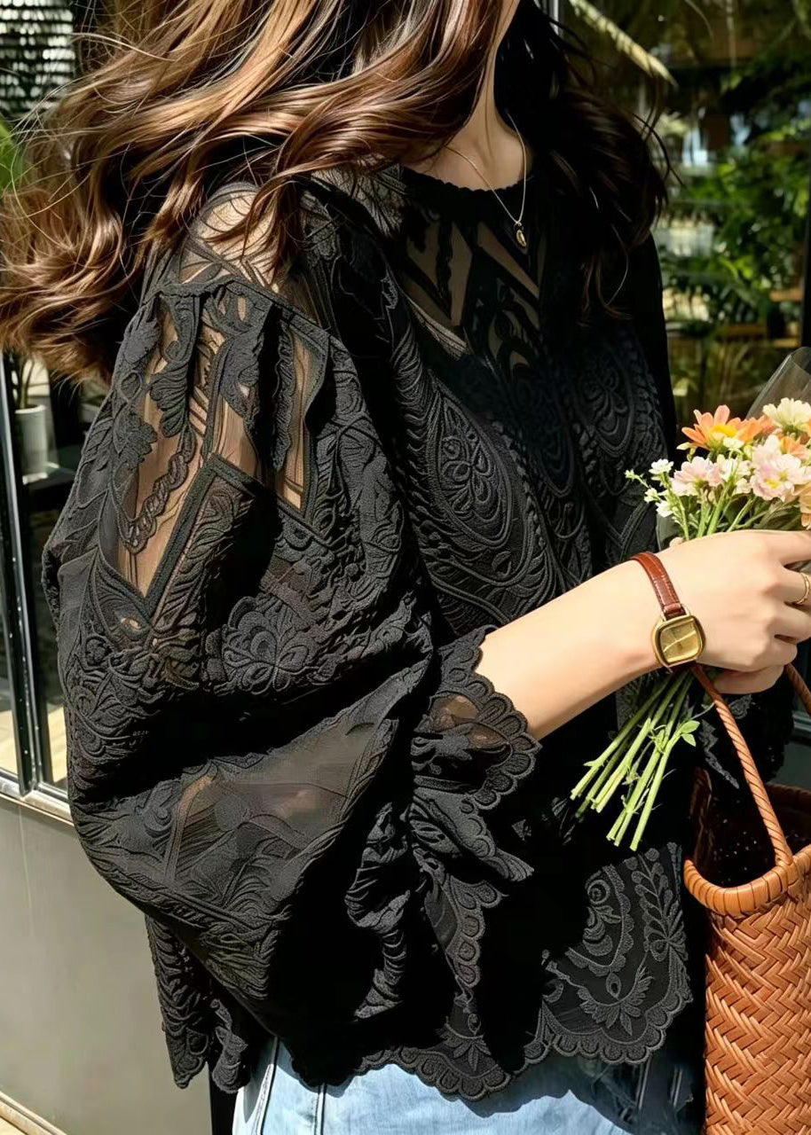 Unique Black Jacquard Hollow Out Lace Blouse Top Summer