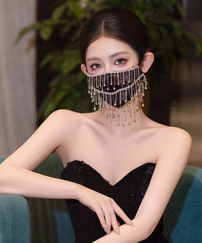 Unique Black Lace Embroidery Tassel Patchwork Mask