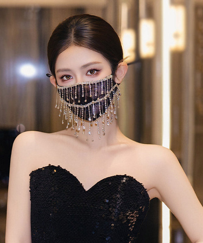 Unique Black Lace Embroidery Tassel Patchwork Mask