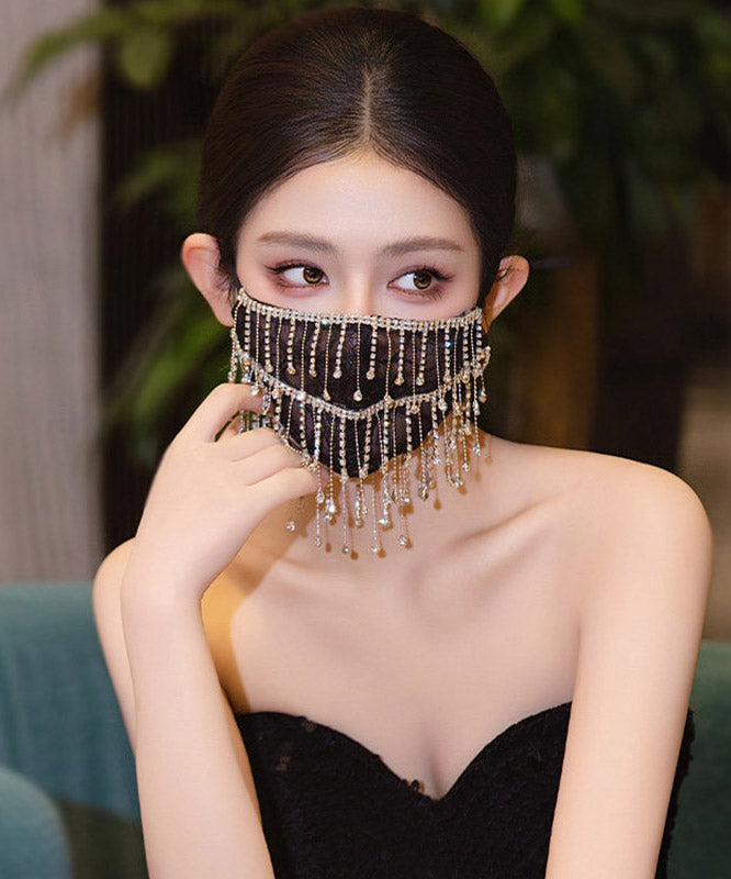 Unique Black Lace Embroidery Tassel Patchwork Mask