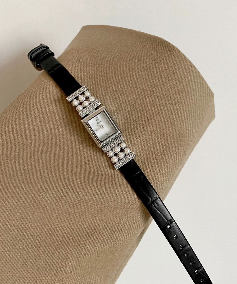 Unique Black Leather Hardlex Crystal Pearl Zircon Watches