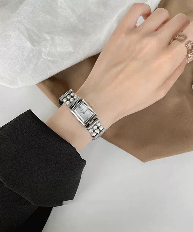 Unique Black Leather Hardlex Crystal Pearl Zircon Watches