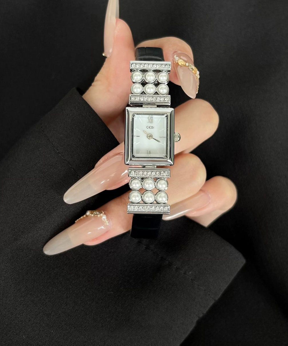 Unique Black Leather Hardlex Crystal Pearl Zircon Watches
