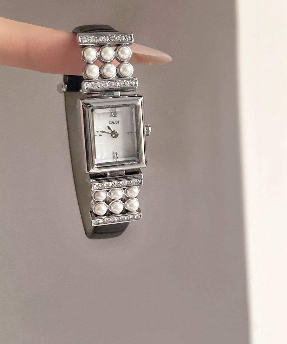 Unique Black Leather Hardlex Crystal Pearl Zircon Watches