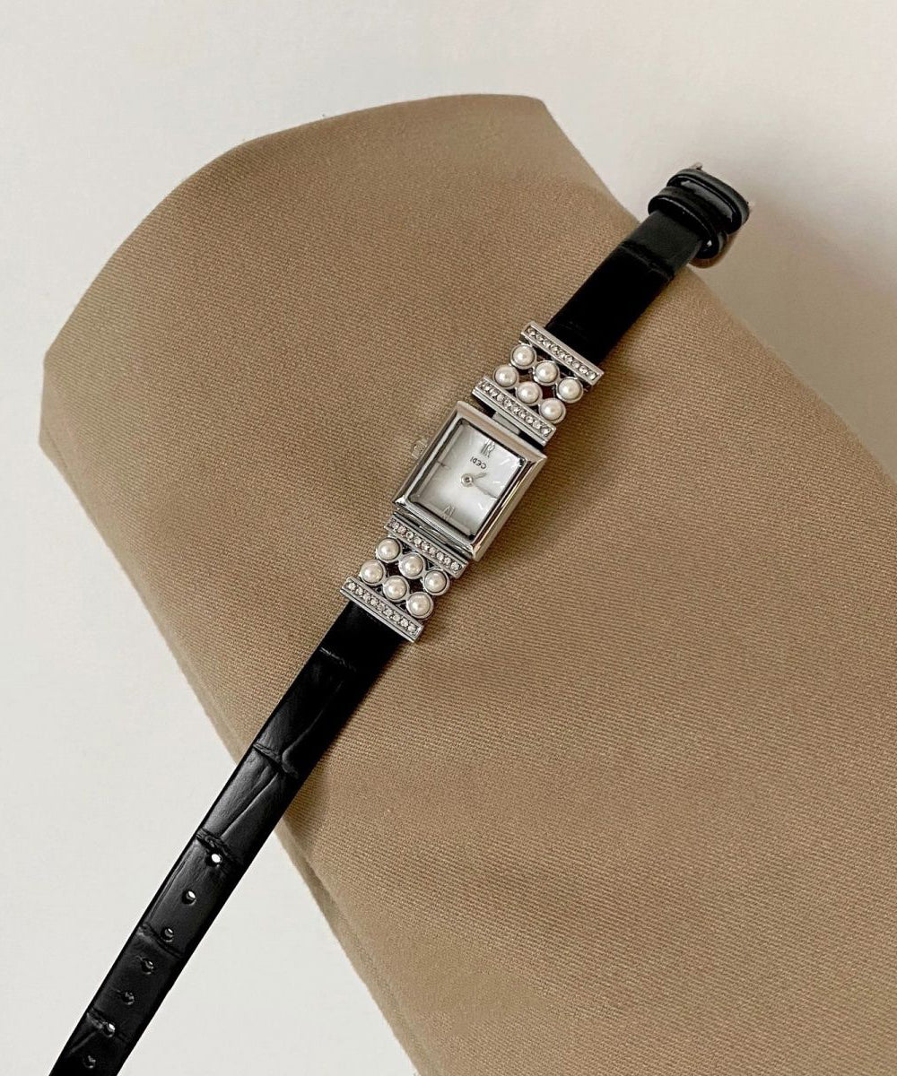 Unique Black Leather Hardlex Crystal Pearl Zircon Watches