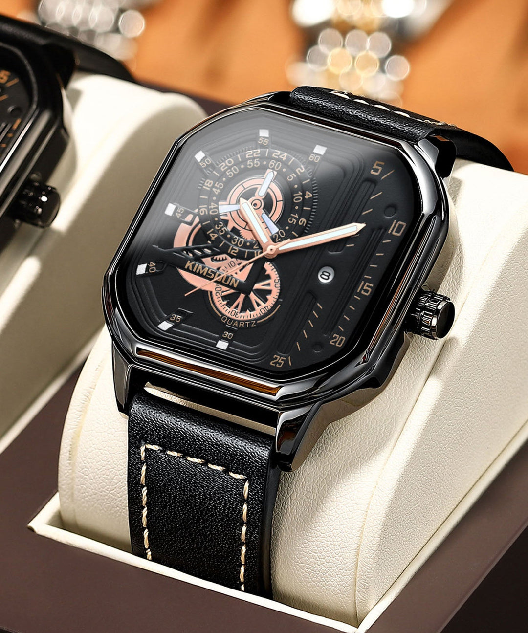 Unique Black Leather Quartz Movement Noctilucent Watches