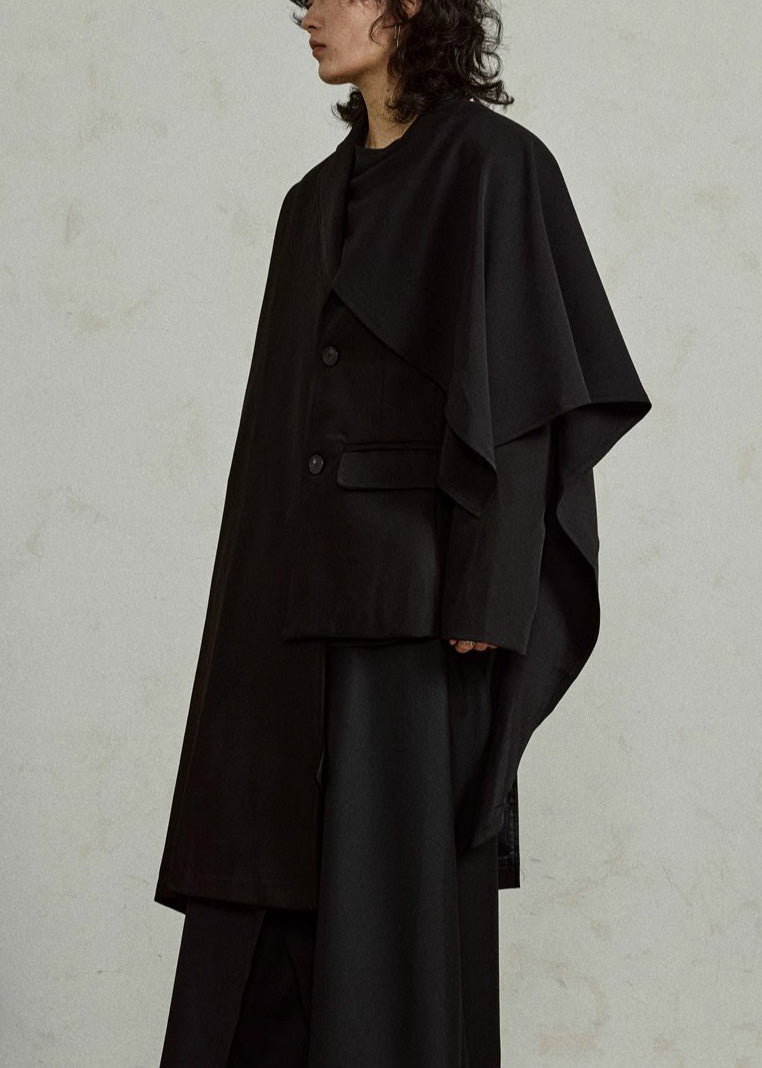 Unique Black Notched Asymmetrical Pockets Long Coats Cloak Sleeves
