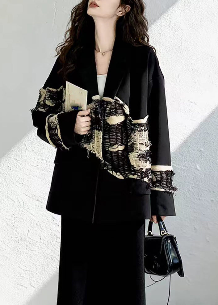 Unique Black Notched Patchwork Frayed Blazer Jackets Fall