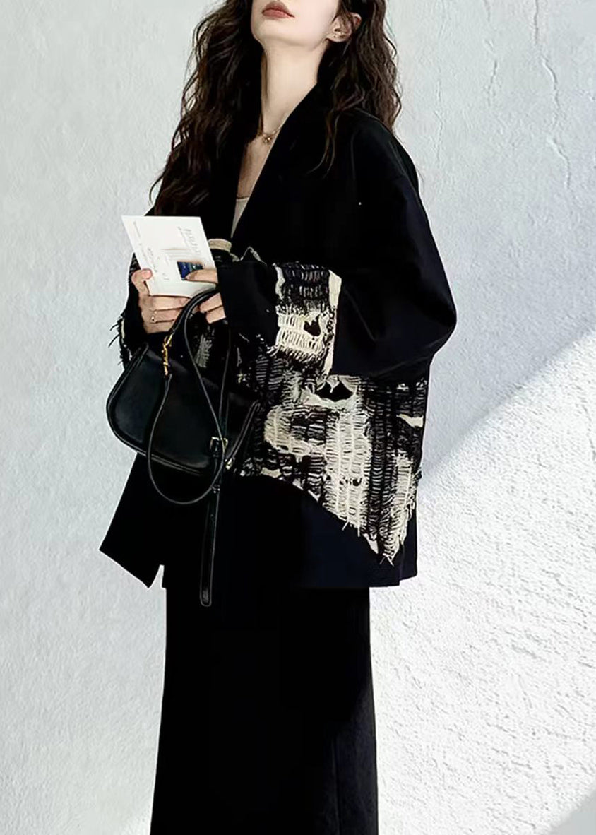 Unique Black Notched Patchwork Frayed Blazer Jackets Fall