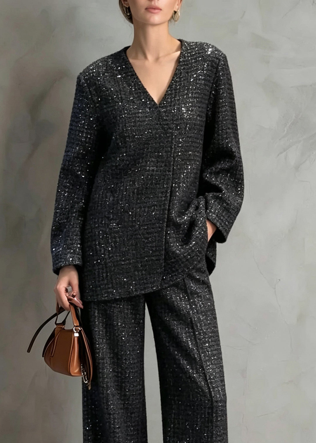 Unique Black Notched Sequins Coat And Wide Leg Pants Two Pieces Set Fall