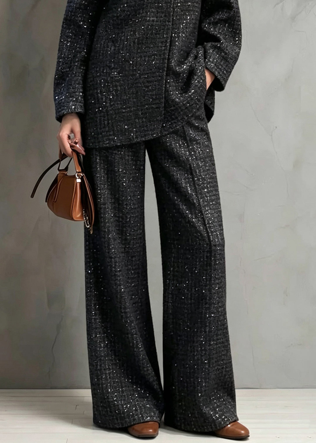 Unique Black Notched Sequins Coat And Wide Leg Pants Two Pieces Set Fall