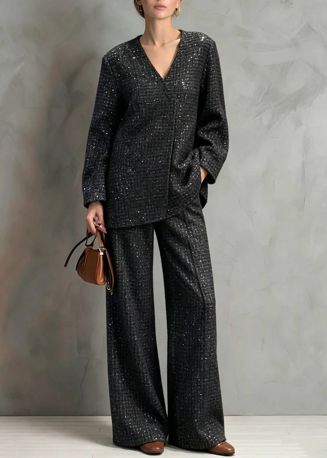 Unique Black Notched Sequins Coat And Wide Leg Pants Two Pieces Set Fall