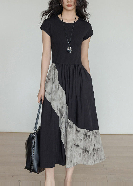 Unique Black O-Neck Patchwork Cotton Maxi Dresses Summer