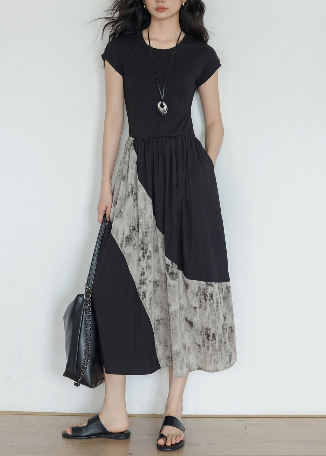 Unique Black O-Neck Patchwork Cotton Maxi Dresses Summer