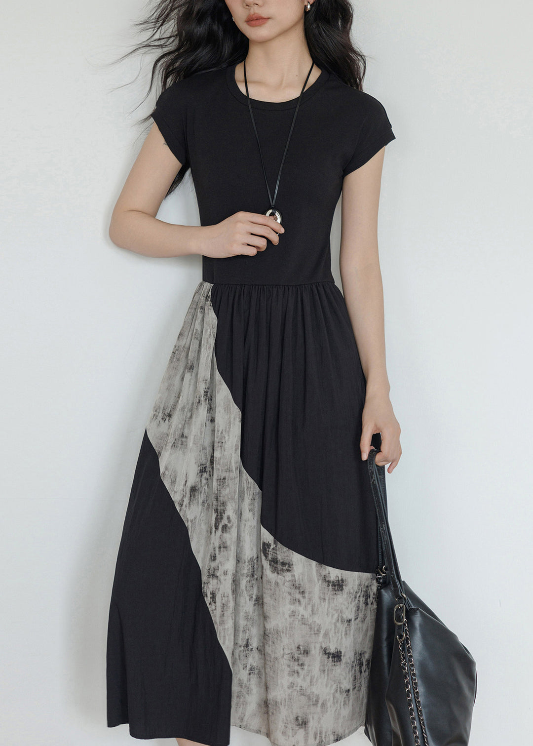 Unique Black O-Neck Patchwork Cotton Maxi Dresses Summer