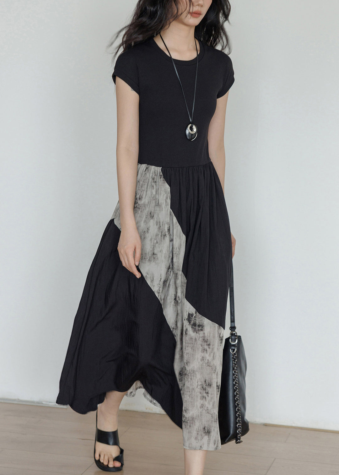 Unique Black O-Neck Patchwork Cotton Maxi Dresses Summer