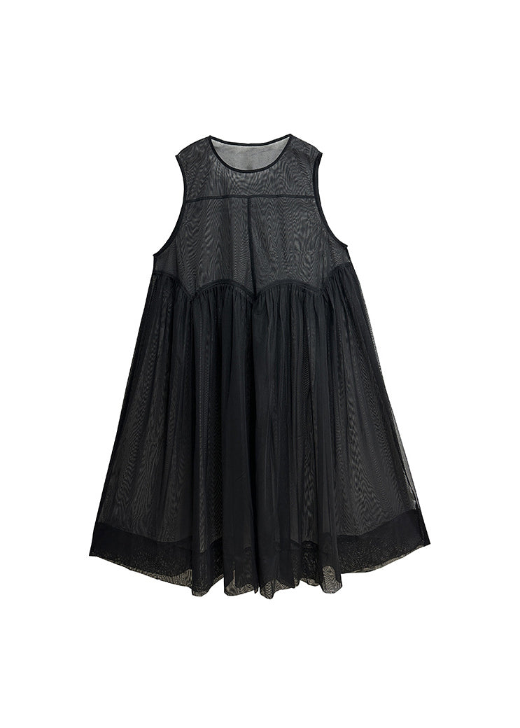Unique Black O Neck Wrinkled Patchwork Cotton Dress Sleeveless