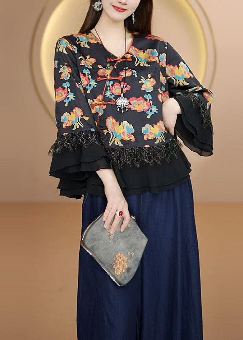 Unique Black Oriental Button Patchwork Silk Blouses Fall