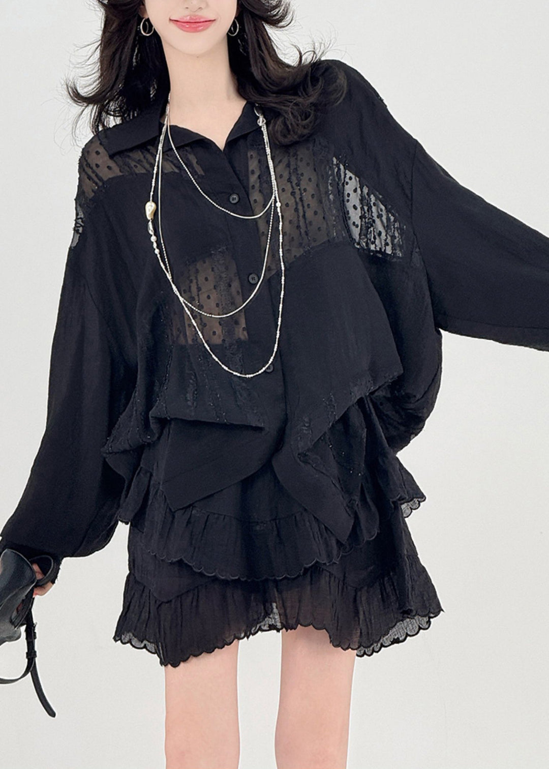 Unique Black Oversized Patchwork Tulle Shirt Spring