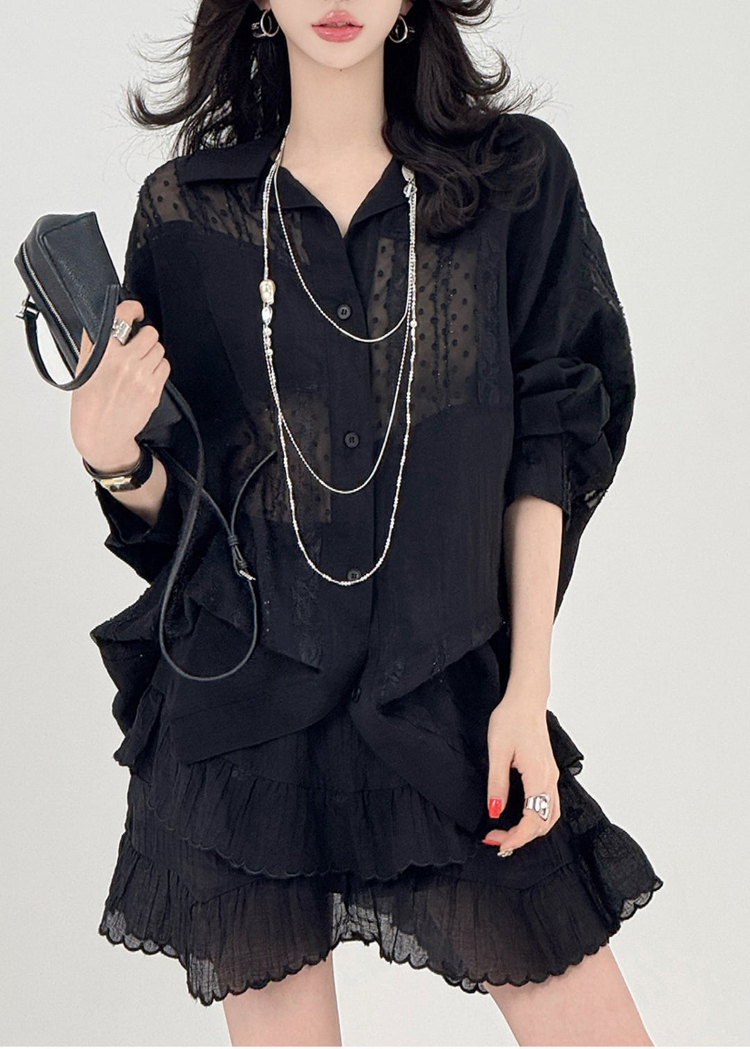 Unique Black Oversized Patchwork Tulle Shirt Spring