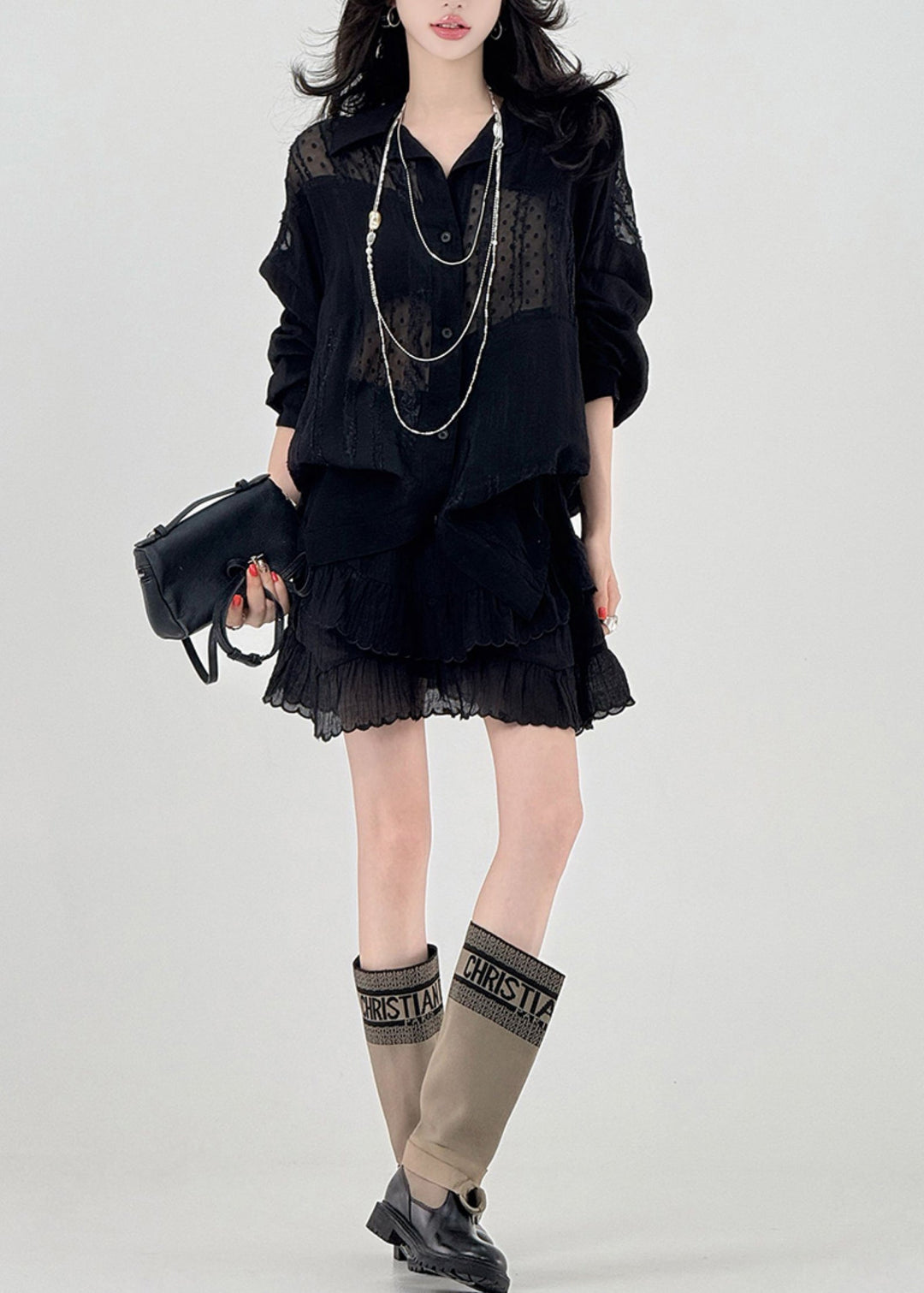 Unique Black Oversized Patchwork Tulle Shirt Spring