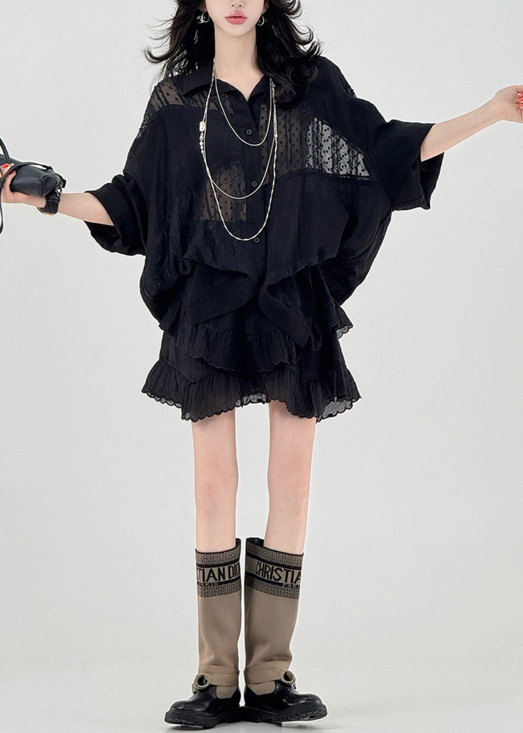 Unique Black Oversized Patchwork Tulle Shirt Spring
