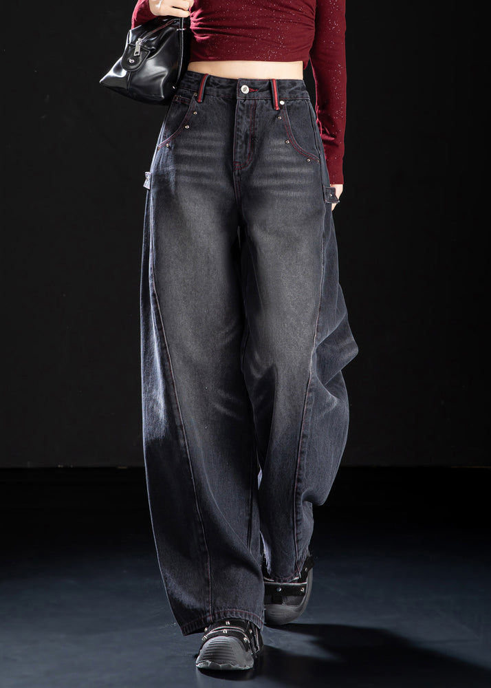 Unique Black Oversized Rivet Denim Pants Spring