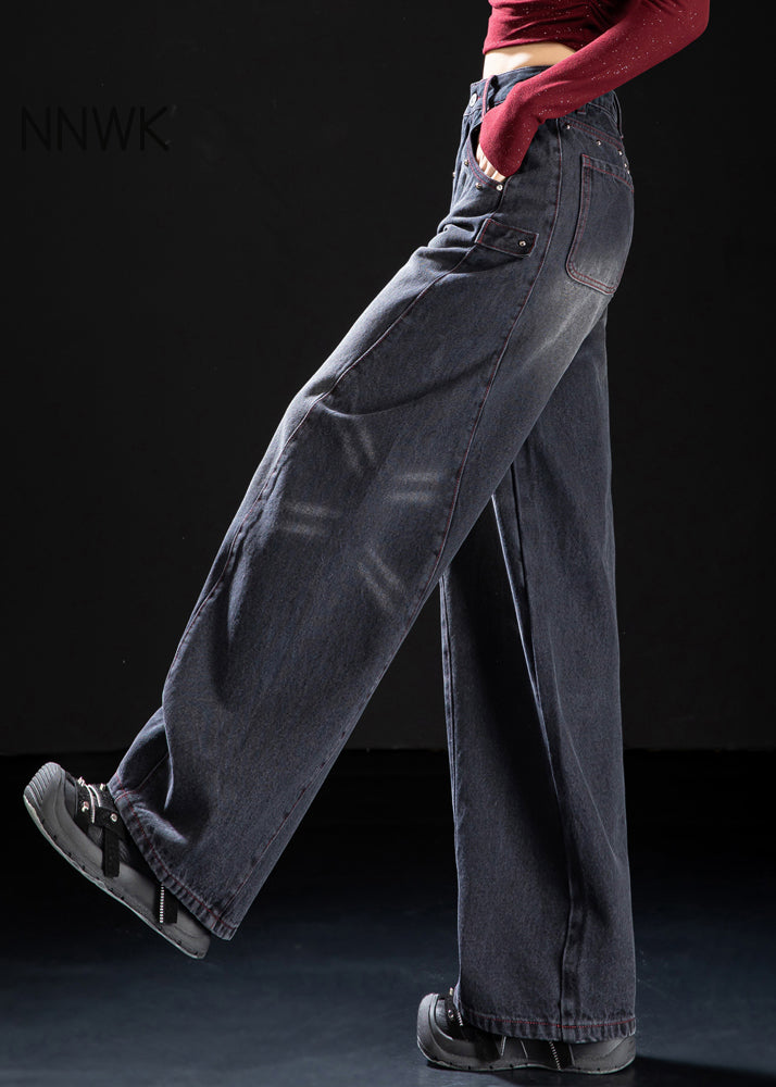 Unique Black Oversized Rivet Denim Pants Spring