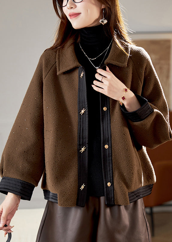 Unique Black Peter Pan Collar Patchwork Zircon Knit Cotton Jacket Lanter Sleeve