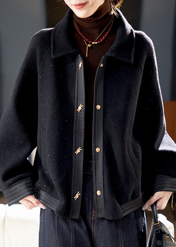 Unique Black Peter Pan Collar Patchwork Zircon Knit Cotton Jacket Lanter Sleeve