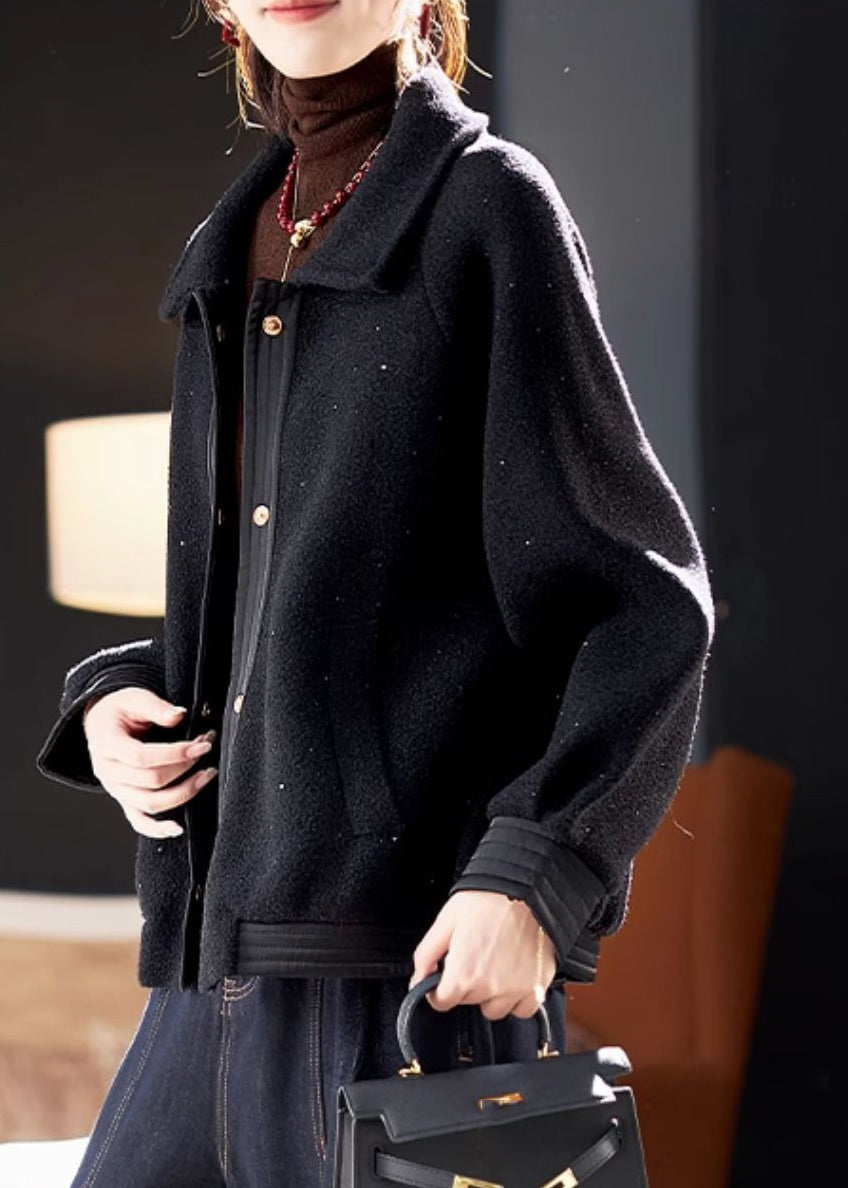 Unique Black Peter Pan Collar Patchwork Zircon Knit Cotton Jacket Lanter Sleeve