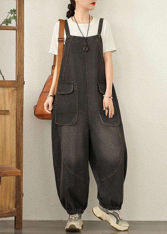 Unique Black Pockets Loose Denim Jumpsuit Spring