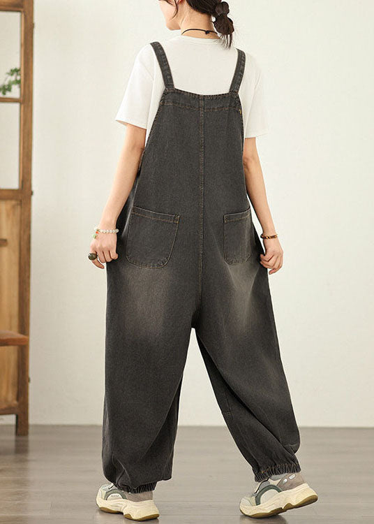 Unique Black Pockets Loose Denim Jumpsuit Spring