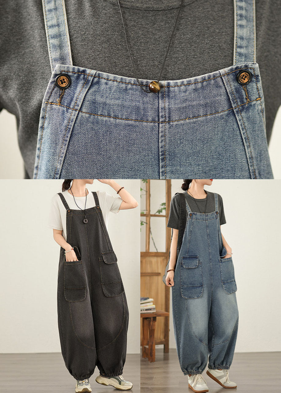 Unique Black Pockets Loose Denim Jumpsuit Spring