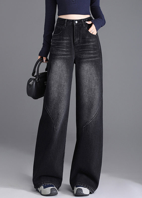 Unique Black Pockets Patchwork Denim Pants Spring
