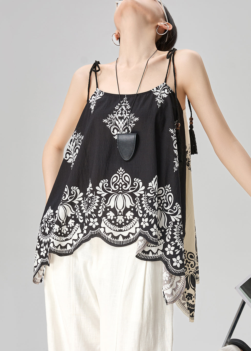 Unique Black Print Wear On Both Sides Cotton Spaghetti Strap Tank Sleeveless
