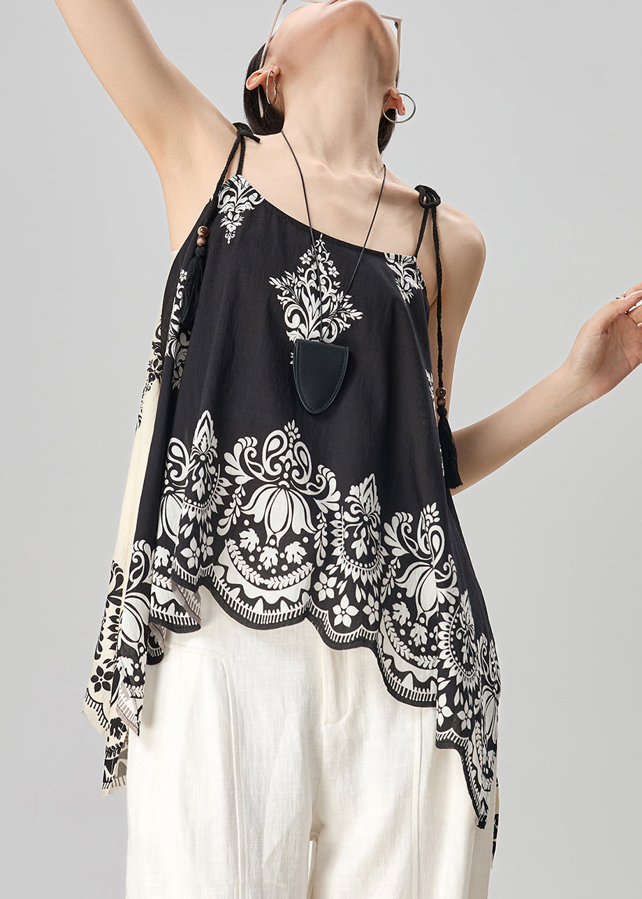 Unique Black Print Wear On Both Sides Cotton Spaghetti Strap Tank Sleeveless