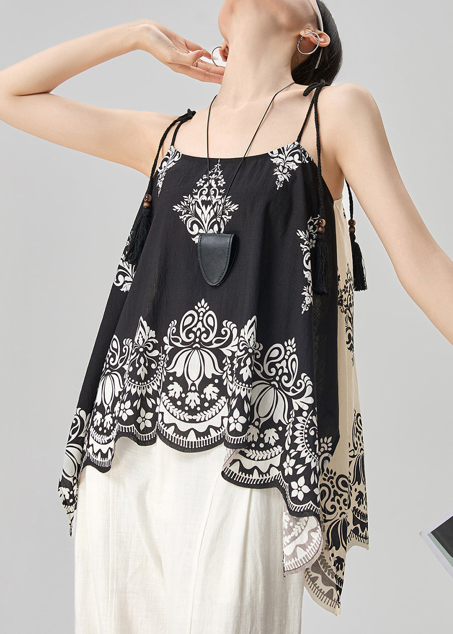 Unique Black Print Wear On Both Sides Cotton Spaghetti Strap Tank Sleeveless