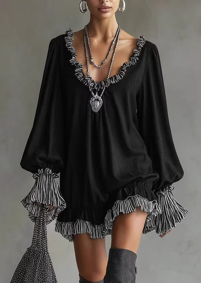 Unique Black Ruffled Patchwork Cotton Mid Dress Spring