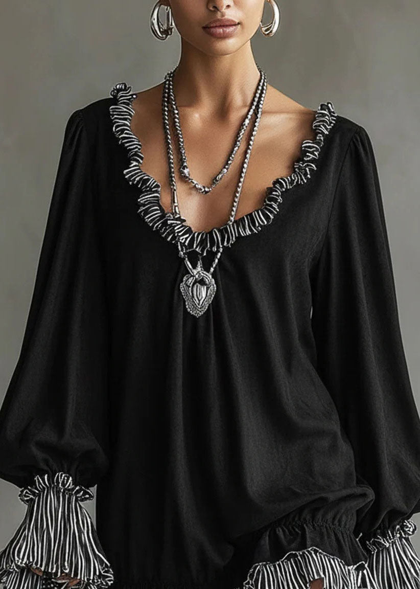 Unique Black Ruffled Patchwork Cotton Mid Dress Spring