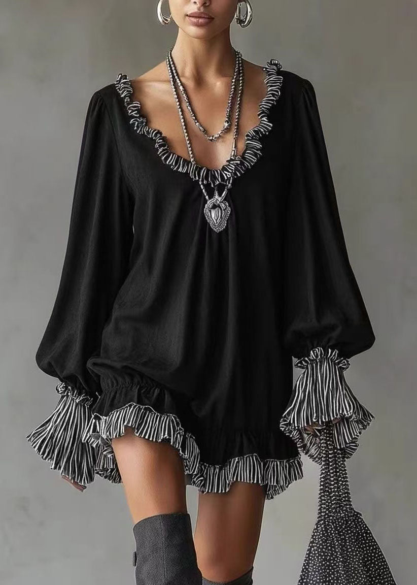 Unique Black Ruffled Patchwork Cotton Mid Dress Spring
