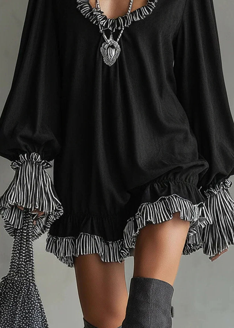 Unique Black Ruffled Patchwork Cotton Mid Dress Spring