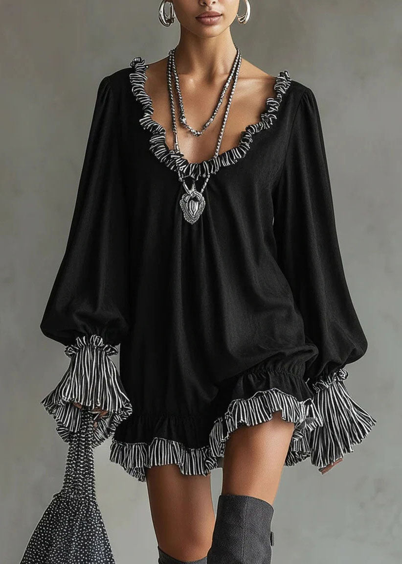 Unique Black Ruffled Patchwork Cotton Mid Dress Spring