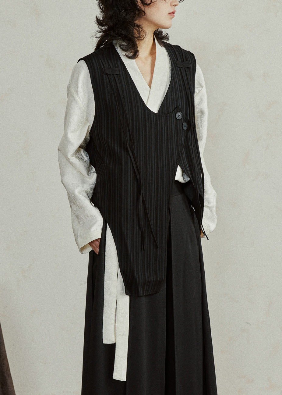 Unique Black V Neck Asymmetrical Wrinkled Waistcoat Sleeveless