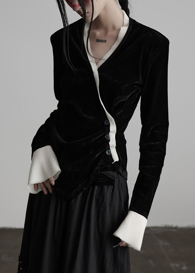 Unique Black V Neck Patchwork Silk Velour Top Spring