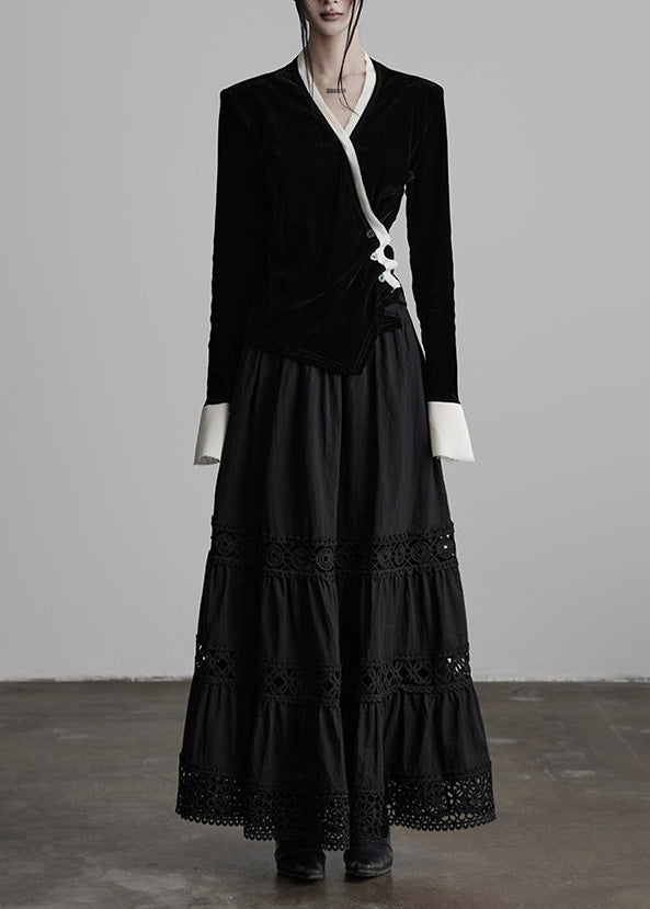 Unique Black V Neck Patchwork Silk Velour Top Spring